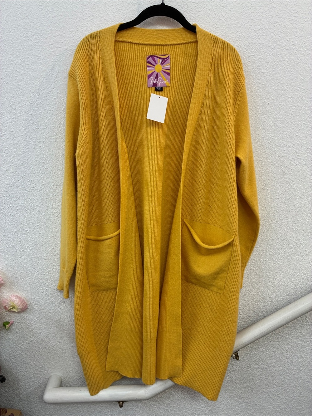 Lesley‎ Evers Mustard Yellow Open-Front Cardigan Sweater Womens XS/S Longline